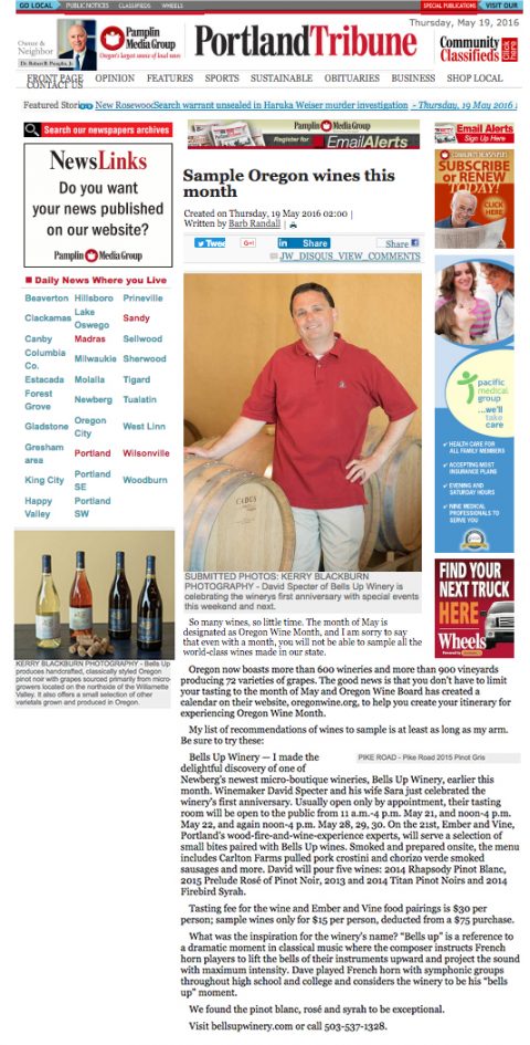 Pamplin Media Group newspapers feature Bells Up Winery in April, May 2016 articles