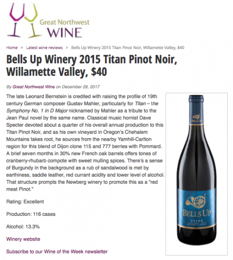 Great Northwest Wine Rates 2015 Titan Pinot Noir “Excellent”